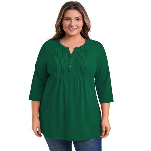 Women's Plus Size Button Decor Pintuck Split Neck 3/4 Sleeve Dressy Casual Blouses - GRACE & GRANDEUR - 1 of 4