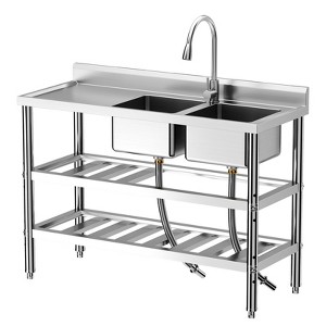 GustoWave Stainless Steel Kitchen Sink, Double Bowl Utility Sink with Faucet and Storage Shelves - 1 of 4