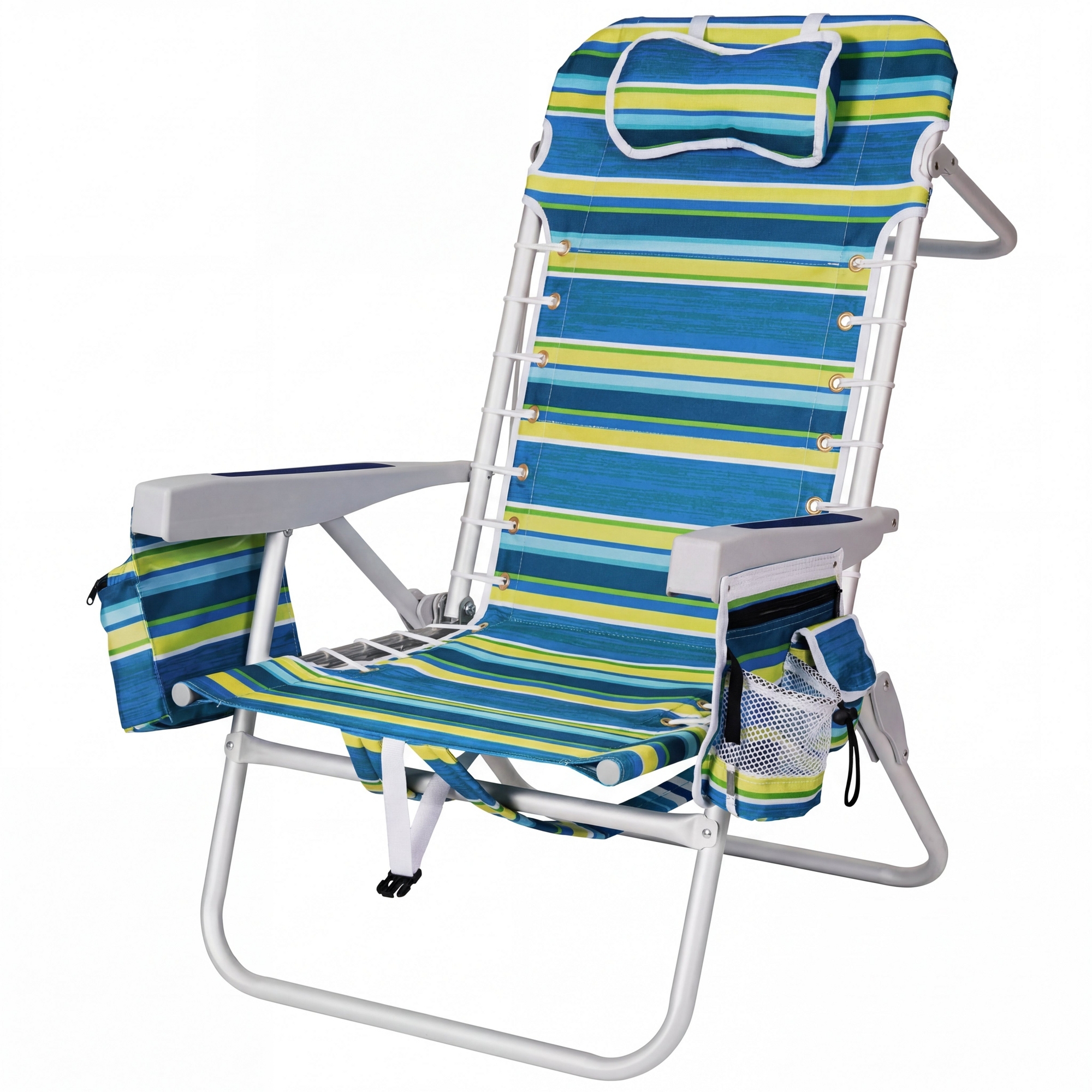 SUNSPIRE Beach Chair 17 in High Seat for Adults, 5-Position Backpack Folding Chair with Cooler Bag Cup Phone Holder, Towel Bar Storage Pocket Blue