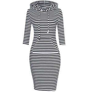 Women's Sweatshirt Dress 3/4 Sleeve Hoodie with Front Pocket Knee Length Slim Fit Pullover Hoodie Dress,Striped - M - 1 of 4