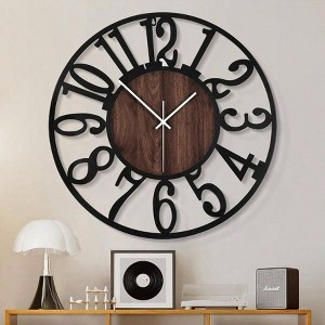 Large Wall Clock Living Room Decor 24 Inch Black Metal Wood Farmhouse Clock Arabic Numerals Silent Non Ticking Antique Style - 1 of 4