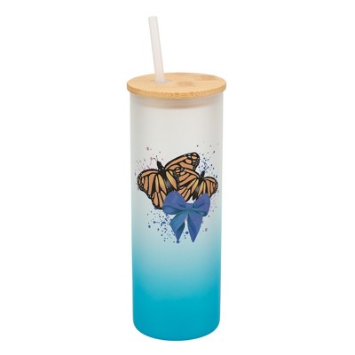 Elanze Designs 25 Ounce Frosted Glass Gradient Travel Tumbler With Straw and Wooden Lid, Orange Monarch Butterflies Sky Blue