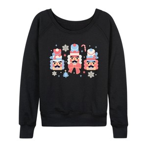 Women's - Instant Message - Winter Nutcracker Heads Lightweight French Terry Wide Neck Long Sleeve Graphic Shirt - 1 of 4