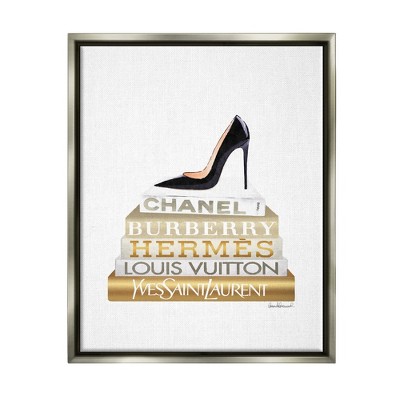 Stupell Industries Black Heels Gold White Bookstack Glam Fashion Design  Gray Floater Framed Canvas Wall Art, 16 x 20