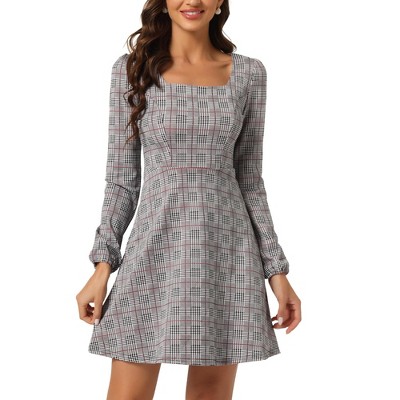 Allegra K Women's Fall Vintage Square Neck Long Sleeve Plaid Dress