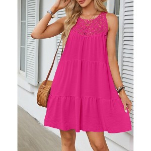Women's Halter Neck Mini Dress Casual Sleeveless Hollow Out A-Line Summer Dress Rose Red S - 1 of 3