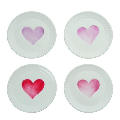 Transpac Dolomite Watercolor Heart Hobnail Treat Plates Set of 4 Multicolored Ceramic Dining Dessert Plates for Valentines Day