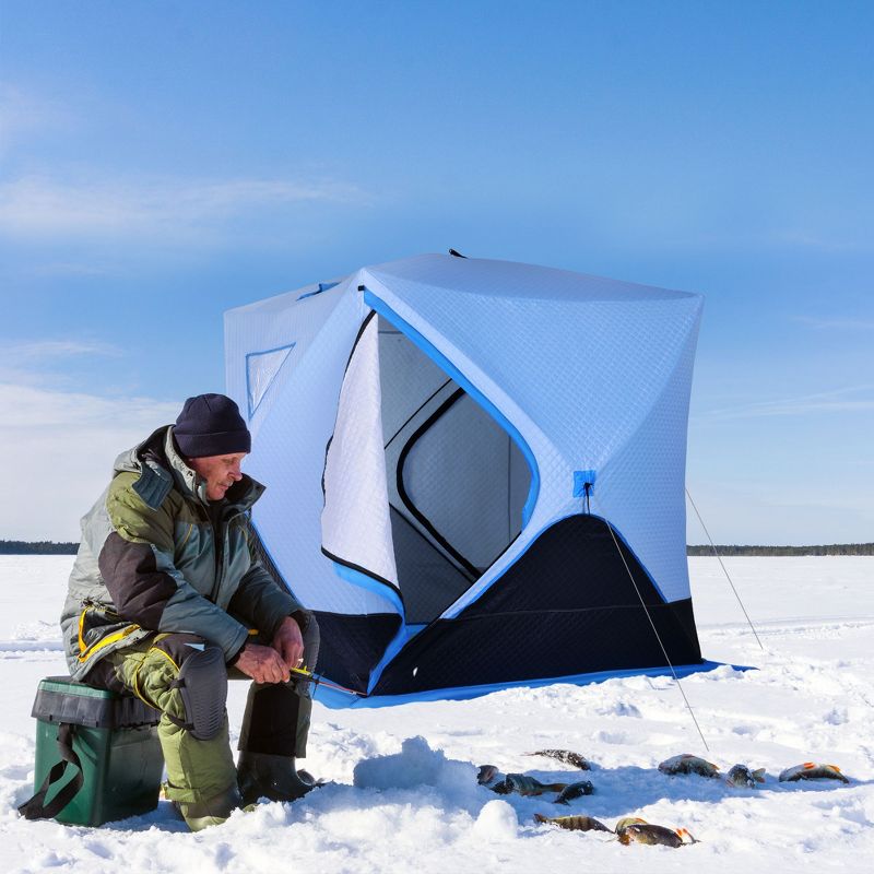 Outsunny 4 Person Ice Fishing Shelter with Padded Walls, Thermal Waterproof Portable Pop Up Ice Tent with 2 Doors, Light Blue, 3 of 9