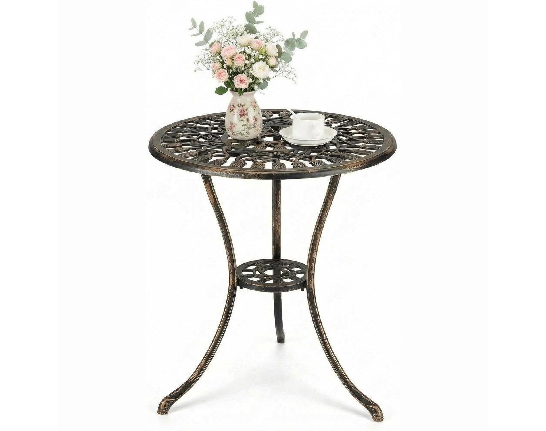 23.6" Round Vintage Patio Coffee Table with Umbrella Hole,Weather-Resistant Cast Aluminum Outdoor Side Table,for Garden, Porch, Balcony,bronze