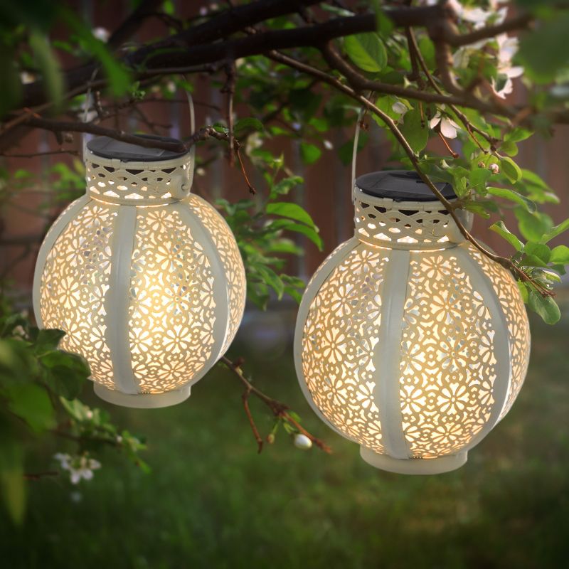 Set of 2 Solar Outdoor Lights - Hanging or Tabletop Rechargeable LED Lantern Set with 2 Shepherd Hooks for Outdoor Decor by Pure Garden (White), 4 of 13