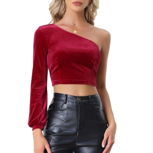 Allegra K Women s One Shoulder Long Sleeve Cut out Crop Velvet Top Wine Red Xs Target