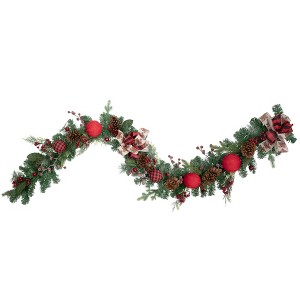 Northlight 6' Green Pine Artificial Christmas Garland with Plaid Ornaments and Bows - 1 of 3