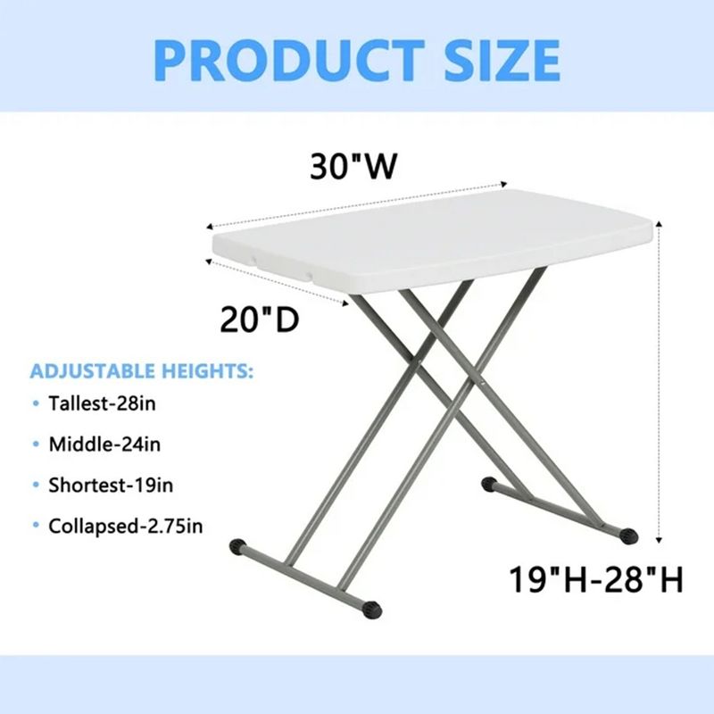 SKONYON 30 Inch Folding Table TV Tray with X Legs, Height  Adjustable 19"-28", White, 4 of 7