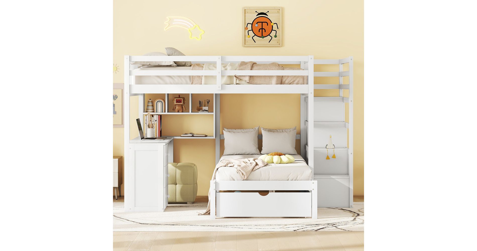 Whisen Full Over Twin Bunk Bed with Built-in Desk, Shelves, Multiple Drawers and Storage Staircase - White