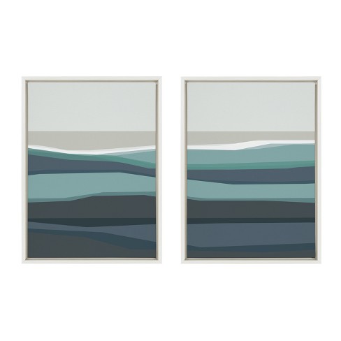 Kate and Laurel Sylvie Abstract Teal Beach Horizon Left and Right Framed Canvas by The Creative Bunch Studio, 2 Piece 18x24, White - image 1 of 4