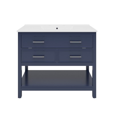 Vynxaria 36" Bathroom Vanities Blue Vanity with Ceramic Basin, Tip-Out Tray & Two Drawers 34"H