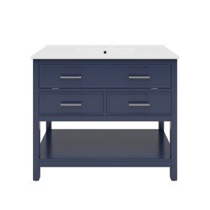 Vynxaria 36" Bathroom Vanities Blue Vanity with Ceramic Basin, Tip-Out Tray & Two Drawers 34"H - 1 of 4