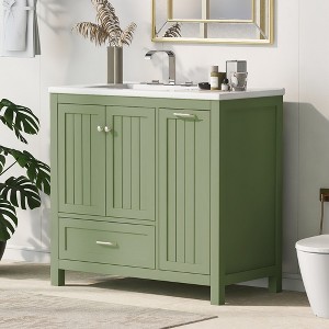 Whisen 36" Bathroom Vanity with Sink, Rustic Bathroom Cabinet with Doors, Big Drawer and One Flip Drawer - Grass Green - 1 of 4