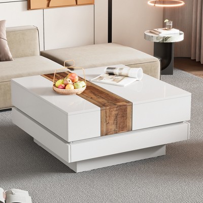 31.4''W Square Coffee Table, Extendable Cocktail Table Center Table with Sliding Tabletop, Hidden Storage Compartment -ModernLuxe
