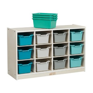 ECR4Kids 12 Cubby Mobile Tray Cabinet with 15 Scoop Front Storage Bins, 3x4, White Wash - 1 of 4