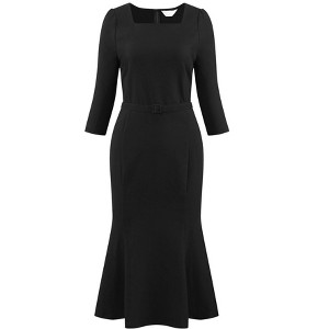 Hobemty Women's Elgant Fishtail Square Neck Belted 3/4 Sleeve Work Mermaid Dress - 1 of 4