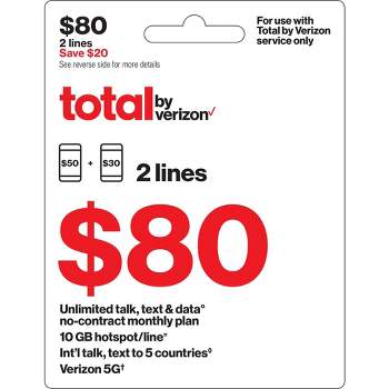 Total by Verizon $80 Unlimited Talk, Text & Data 2-Device No Contract Monthly Plan (Email Delivery)