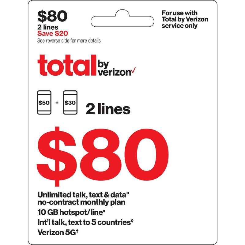 Total by Verizon $80 Unlimited Talk, Text &#38; Data 2-Device No Contract Monthly Plan (Email Delivery), 1 of 3