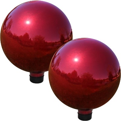 Sunnydaze Indoor/Outdoor Gazing Globe Glass Mirror Balls with Stainless Steel Finish - 10" Diameter - Red - 2-Pack