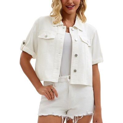 INSPIRE CHIC Women's Turndown Collar Short Sleeve Button Denim Jacket