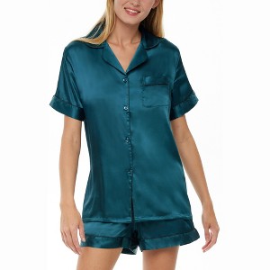 ADR Women's Classic Satin Pajamas Set with Pockets, Short Sleeve PJs - 1 of 4