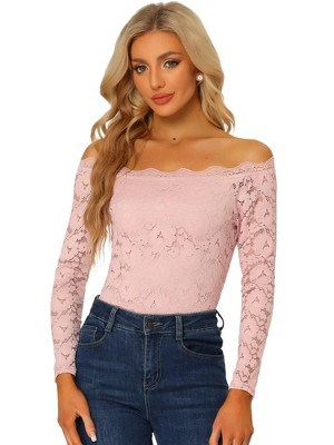 Allegra K Women's Off Shoulder Floral Lace Sheer Long Sleeves Lined Casual Blouse