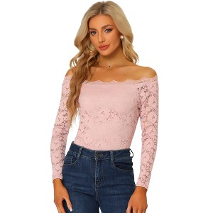Allegra K Women's Off Shoulder Floral Lace Sheer Long Sleeves Lined Casual Blouse - 1 of 4