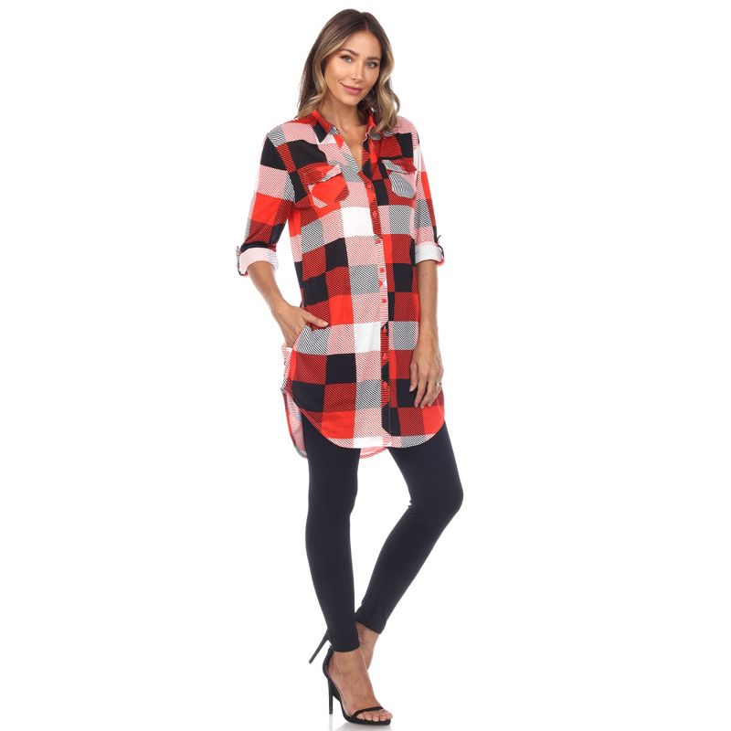Women's  Roll Tab Sleeve Plaid Buttoned Top - White Mark, 3 of 6