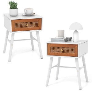 Costway 1/2 PCS Nightstand with Storage Drawer Rattan Decoration Solid Wood Legs for Bedroom - 1 of 4