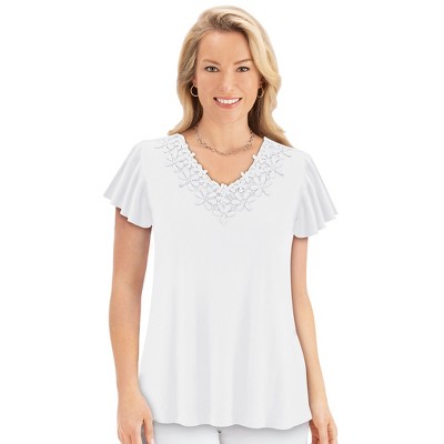 Collections Etc Floral Lace V-Neck Short Flutter Sleeve Top