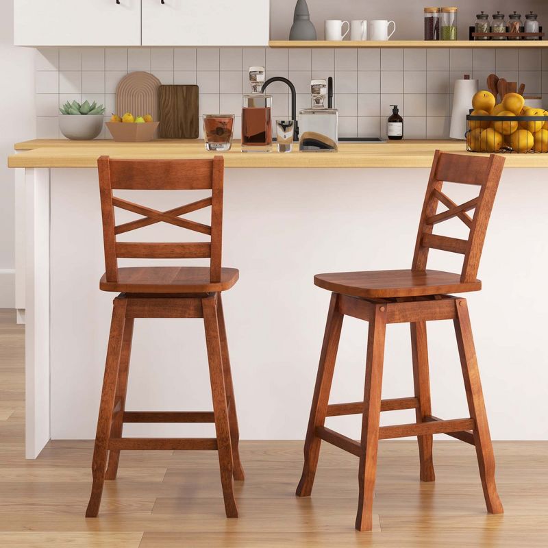 Costway 2 PCS 24"/30" Counter/Bar Height Stool Rubber Wood Swivel Bar Stool with Inclined Backrest Walnut, 2 of 9