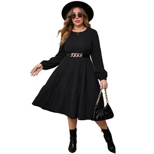 Coolmee Women Plus Size Fall Dresses Crew Neck Long Sleeve Flowy Casual Ribbed Knit Sweater Dress with Belt - 1 of 4