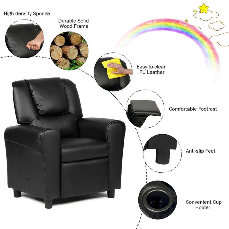 Costway Kids Recliner Armchair Children's Furniture Sofa Seat Couch Chair w/Cup Holder Black, 5 of 11