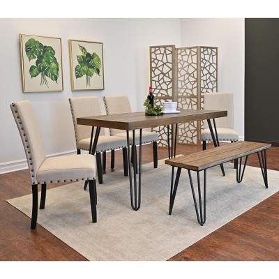 NicBex Dining Room Table Set for 6 Rustic Dining Table Set with Wooden Tabletop, 1 Wooden Bench and 4 Upholstered Chairs for Dining Room