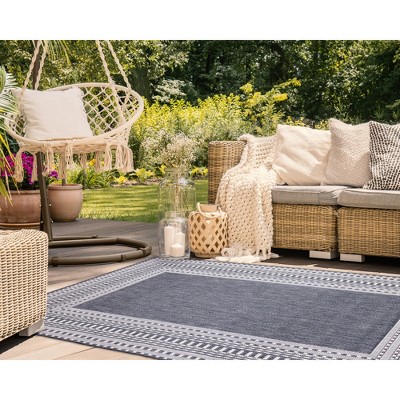 Navy and Ivory Flatwoven Wool Synthetic Rectangular Rug