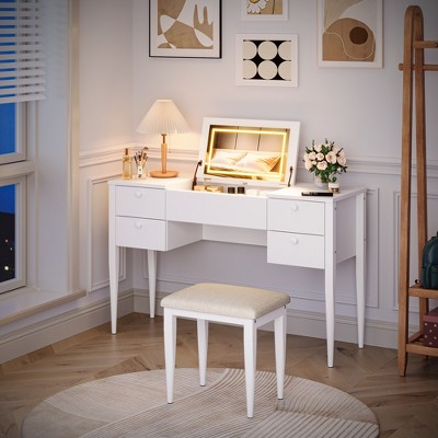 47“ Makeup Vanity Desk with Flip Top Mirror and Lights, 3 Lighting Mode, Make Up Vanity with Chair