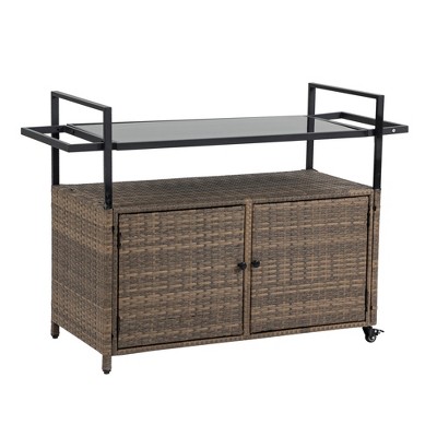 Vynxaria Bar Serving Carts, Light Brown Wicker Patio Wine Cart with Wheels and Glass Top