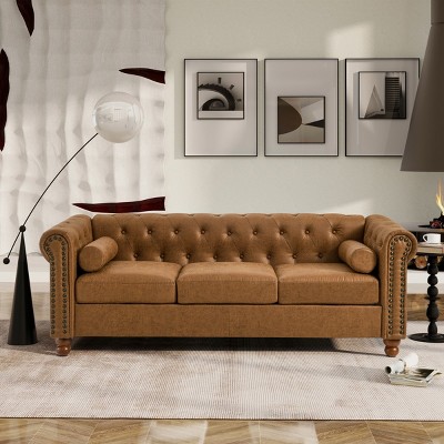 Velvet Three-Seat Chesterfield Sofa,Modern 3 Seater Couch with Nailhead Accents and Rolled Arms - The Pop Home