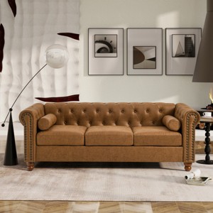 Velvet Three-Seat Chesterfield Sofa,Modern 3 Seater Couch with Nailhead Accents and Rolled Arms - The Pop Home - 1 of 4
