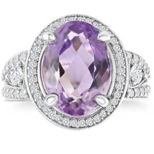 Pompeii3 9 1/2ct Oval Amethyst Vintage Halo Diamond Ring 14k White Gold - 1 of 4