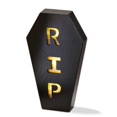 TAG RIP Coffin LED Decor Black Wood Decorative Sculpture for Halloween Indoor Use 4.5x1.25x8 Inches