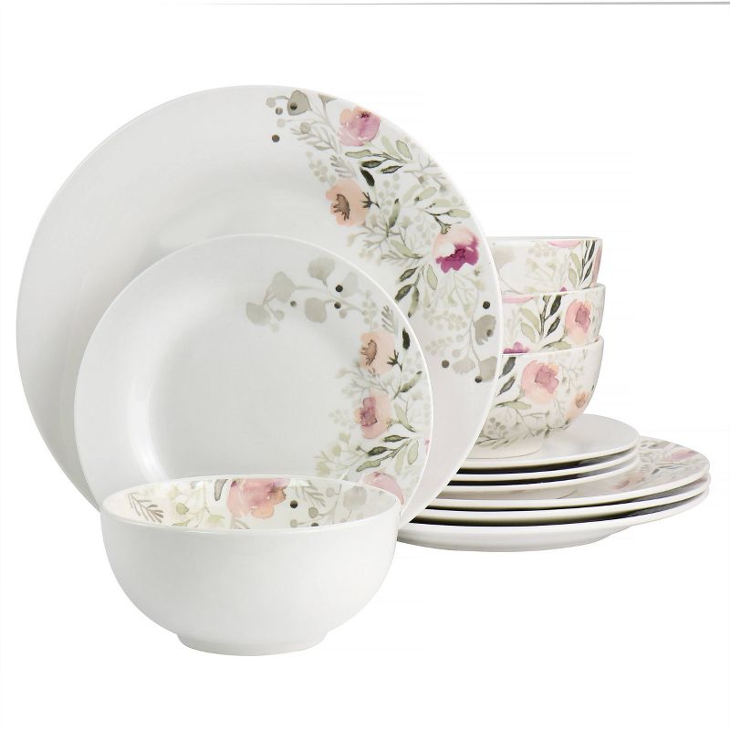 12pc Gibson Home Lily Garden Ceramic Dinnerware Set White/Pink - Gibson, 1 of 8