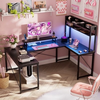 Aheaplus U-Shaped Computer Desk with Hutch, Home Office Desk with Metal Base