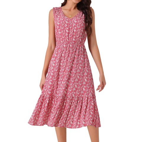 Женские платья INSPIRE CHIC Women's Summer Boho Beach V Neck Sleeveless Floral Flowy Tiered Midi Dress with Pockets Red Medium