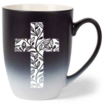 Elanze Designs Cross Leaf Two Toned Ombre Matte Black and White 12 ounce Ceramic Stoneware Coffee Cup Mug